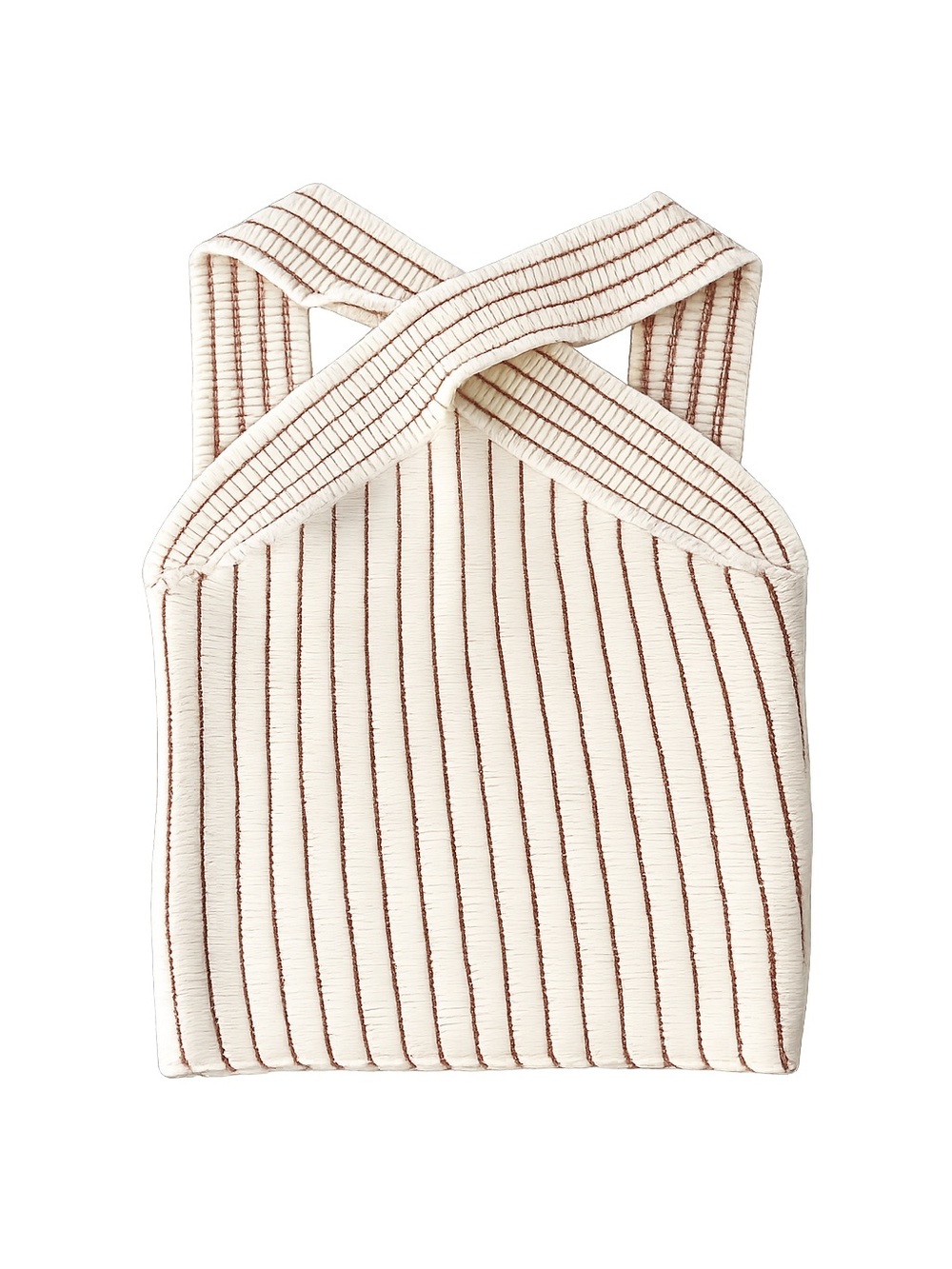 Cream Ribbed Cross-Front Tank Top with Brown Pinstripes